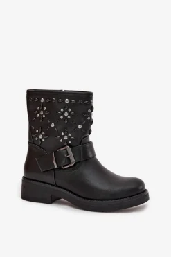 Sale Zdobione Botki Damskie Z Klamrą Czarne Mivana Damskie Botki Ocieplane|Czarne Botki