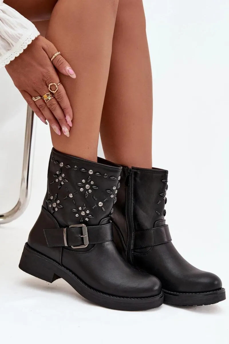 Sale Zdobione Botki Damskie Z Klamrą Czarne Mivana Damskie Botki Ocieplane|Czarne Botki