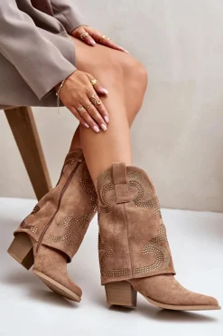 Botki Na Słupku|Czarne Botki>Damskie buty S.Barski Zdobione Botki Kowbojki Do Połowy Łydki Na Słupku S.Barski HY42-153 Camel Brązowy