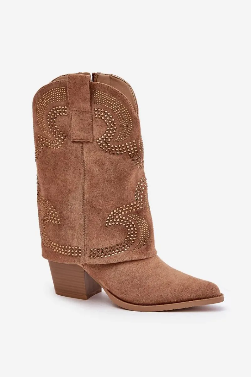 Botki Na Słupku|Czarne Botki>Damskie buty S.Barski Zdobione Botki Kowbojki Do Połowy Łydki Na Słupku S.Barski HY42-153 Camel Brązowy