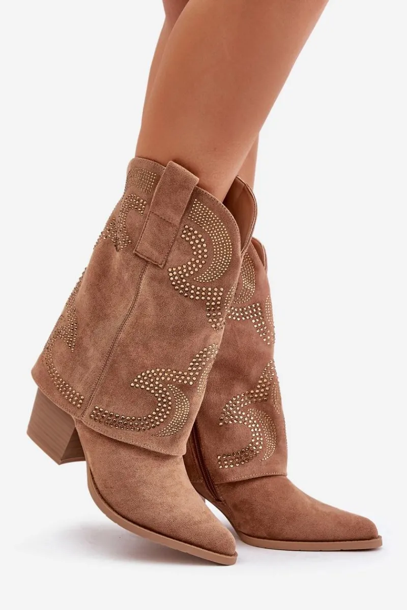 Botki Na Słupku|Czarne Botki>Damskie buty S.Barski Zdobione Botki Kowbojki Do Połowy Łydki Na Słupku S.Barski HY42-153 Camel Brązowy