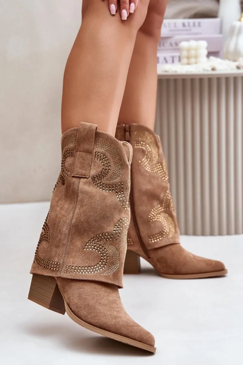 Botki Na Słupku|Czarne Botki>Damskie buty S.Barski Zdobione Botki Kowbojki Do Połowy Łydki Na Słupku S.Barski HY42-153 Camel Brązowy