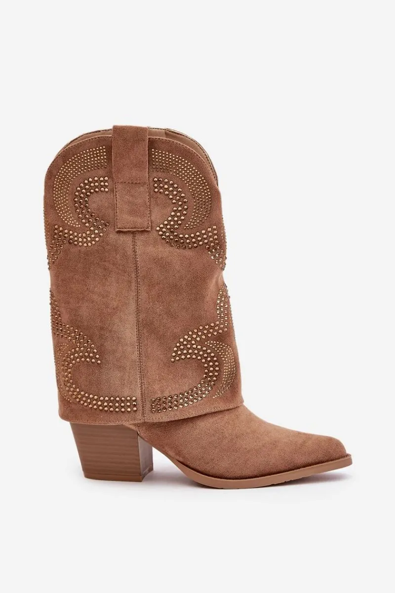 Botki Na Słupku|Czarne Botki>Damskie buty S.Barski Zdobione Botki Kowbojki Do Połowy Łydki Na Słupku S.Barski HY42-153 Camel Brązowy