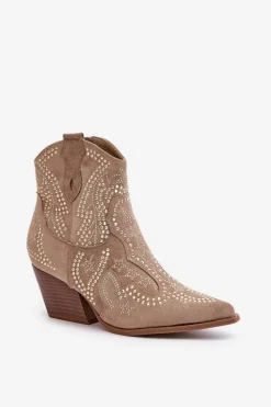 Outlet Zdobione Botki Kowbojki Na Obcasie Beżowe Kaivina Damskie Botki Na Słupku|Brązowe I Beżowe Botki