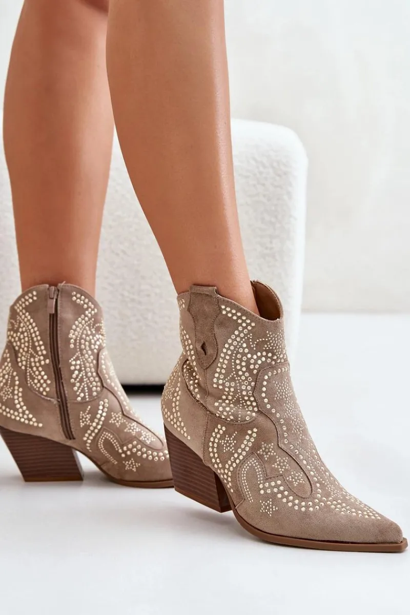 Outlet Zdobione Botki Kowbojki Na Obcasie Beżowe Kaivina Damskie Botki Na Słupku|Brązowe I Beżowe Botki
