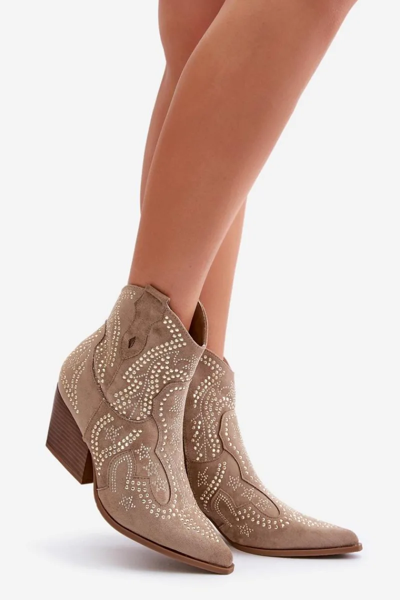 Outlet Zdobione Botki Kowbojki Na Obcasie Beżowe Kaivina Damskie Botki Na Słupku|Brązowe I Beżowe Botki