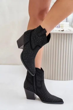 Best Damskie buty S.Barski Zdobione Botki Kowbojki Na Obcasie Z Noskami W Szpic S.Barski HY42-121 Czarne