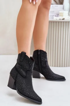 Best Damskie buty S.Barski Zdobione Botki Kowbojki Na Obcasie Z Noskami W Szpic S.Barski HY42-121 Czarne