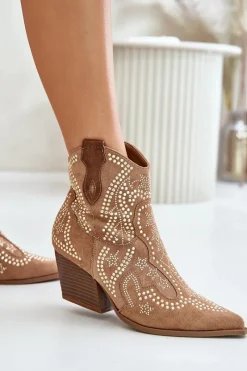 Boto Zdobione Botki Kowbojki Na Obcasie Camel Kaivina
