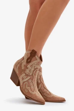 Boto Zdobione Botki Kowbojki Na Obcasie Camel Kaivina