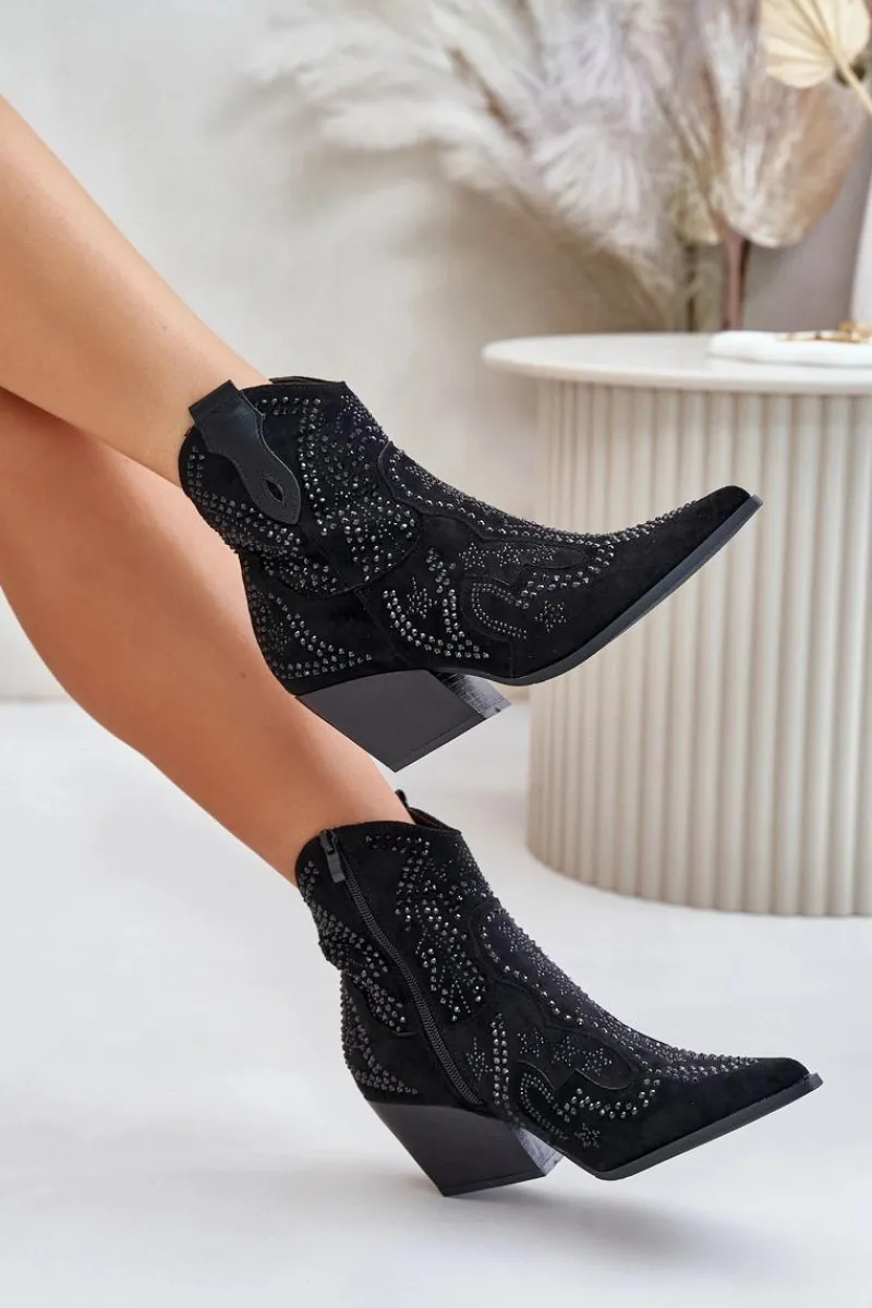 Botki Na Słupku|Brązowe I Beżowe Botki>Boto Zdobione Botki Kowbojki Na Obcasie Czarne Kaivina