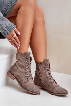 Discount Zdobione Botki Na Płaskim Obcasie Eko Zamszowe Ocieplane Brązowe Ellieo Damskie Botki Ocieplane|Botki Sznurowane