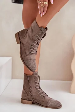 Discount Zdobione Botki Na Płaskim Obcasie Eko Zamszowe Ocieplane Brązowe Ellieo Damskie Botki Ocieplane|Botki Sznurowane