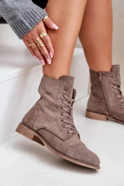 Discount Zdobione Botki Na Płaskim Obcasie Eko Zamszowe Ocieplane Brązowe Ellieo Damskie Botki Ocieplane|Botki Sznurowane