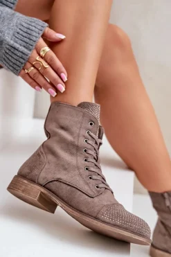 Discount Zdobione Botki Na Płaskim Obcasie Eko Zamszowe Ocieplane Brązowe Ellieo Damskie Botki Ocieplane|Botki Sznurowane