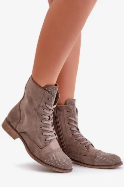 Discount Zdobione Botki Na Płaskim Obcasie Eko Zamszowe Ocieplane Brązowe Ellieo Damskie Botki Ocieplane|Botki Sznurowane