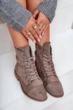 Discount Zdobione Botki Na Płaskim Obcasie Eko Zamszowe Ocieplane Brązowe Ellieo Damskie Botki Ocieplane|Botki Sznurowane