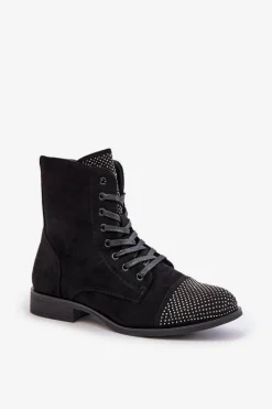 Boto Zdobione Botki Na Płaskim Obcasie Eko Zamszowe Ocieplane Czarne Ellieo Czarny