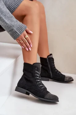 Boto Zdobione Botki Na Płaskim Obcasie Eko Zamszowe Ocieplane Czarne Ellieo Czarny