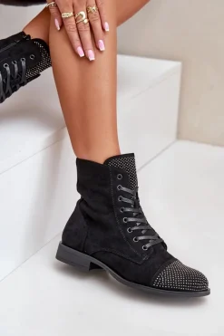 Boto Zdobione Botki Na Płaskim Obcasie Eko Zamszowe Ocieplane Czarne Ellieo Czarny