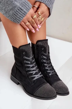 Boto Zdobione Botki Na Płaskim Obcasie Eko Zamszowe Ocieplane Czarne Ellieo Czarny