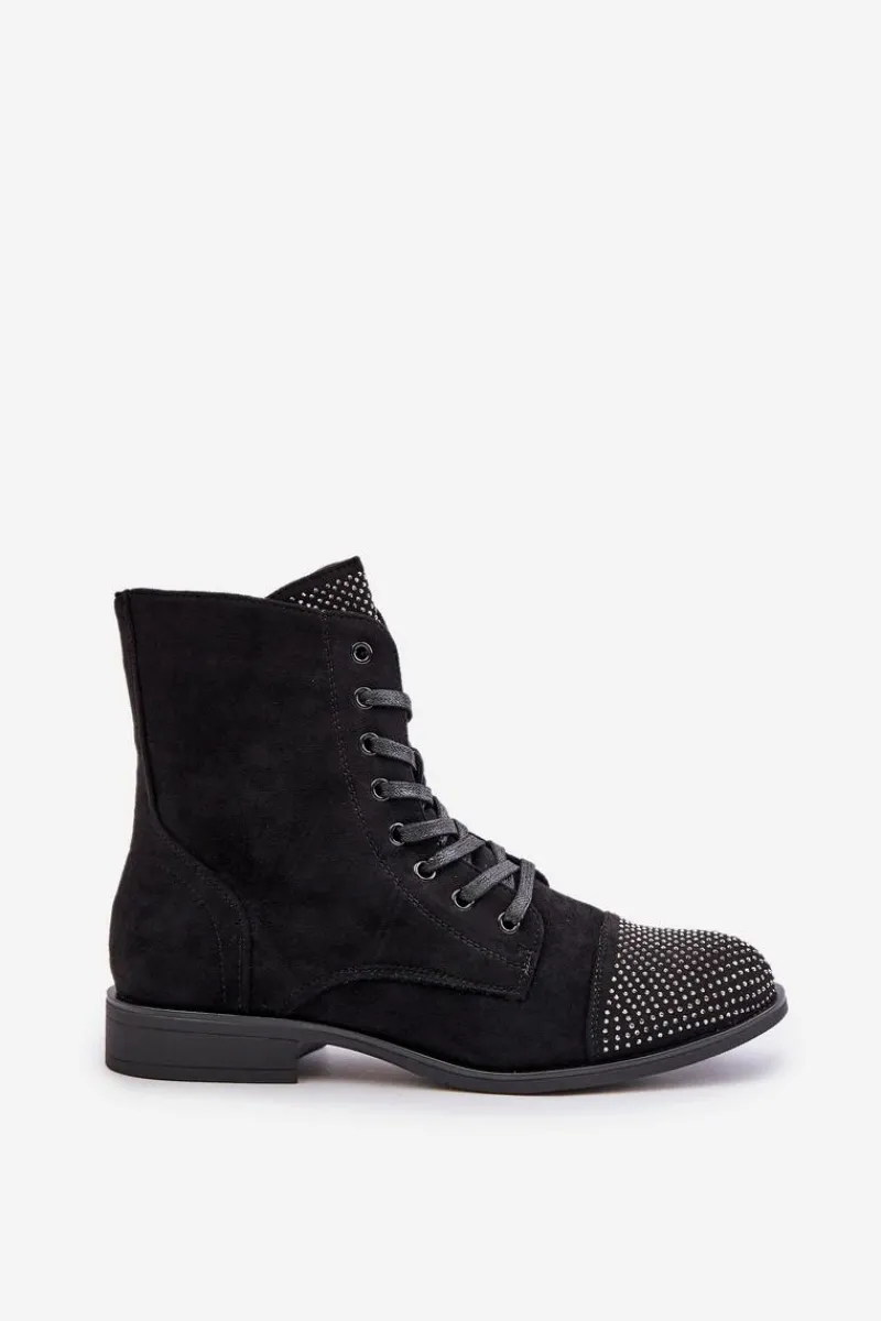Boto Zdobione Botki Na Płaskim Obcasie Eko Zamszowe Ocieplane Czarne Ellieo Czarny