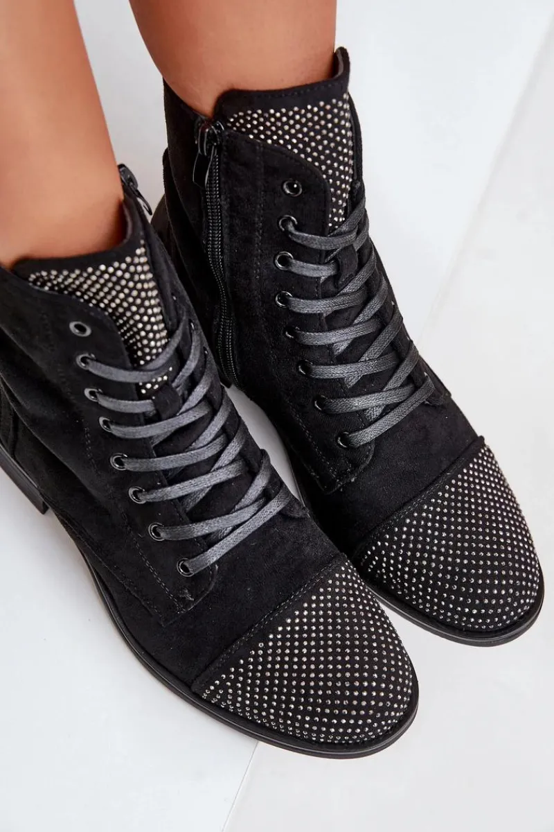 Boto Zdobione Botki Na Płaskim Obcasie Eko Zamszowe Ocieplane Czarne Ellieo Czarny