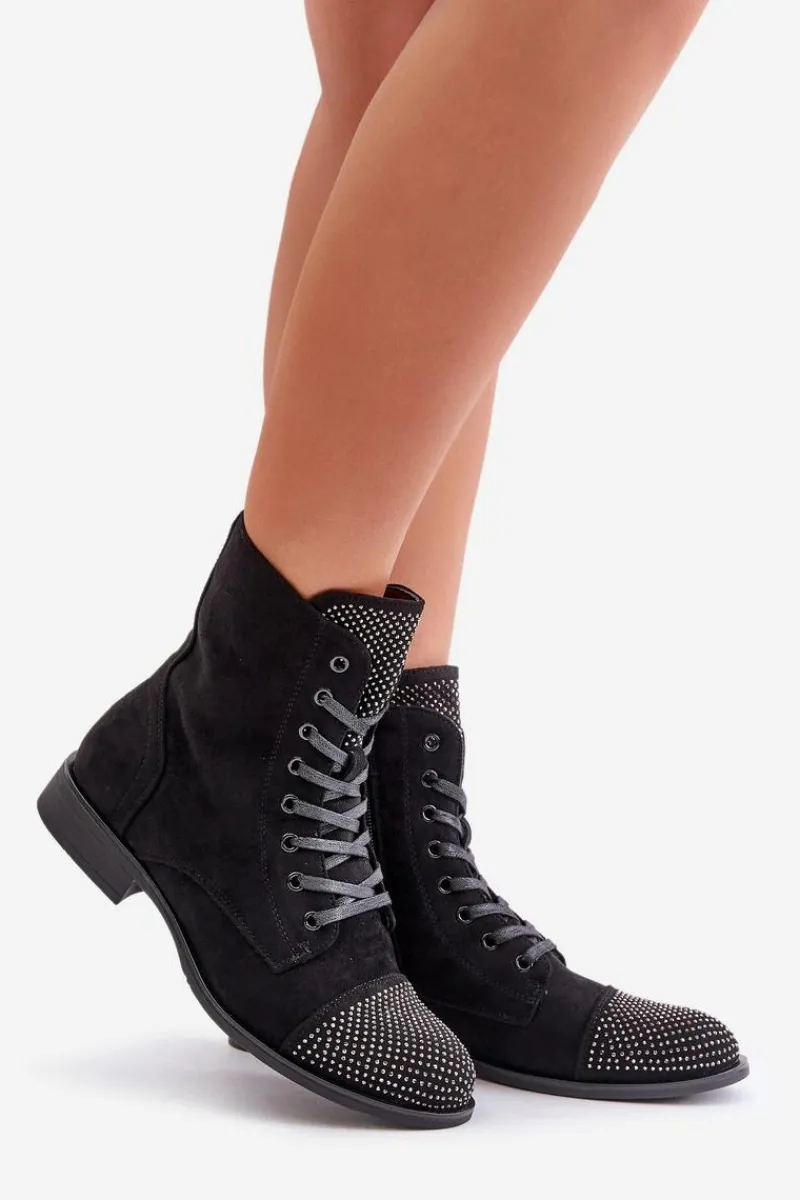 Boto Zdobione Botki Na Płaskim Obcasie Eko Zamszowe Ocieplane Czarne Ellieo Czarny