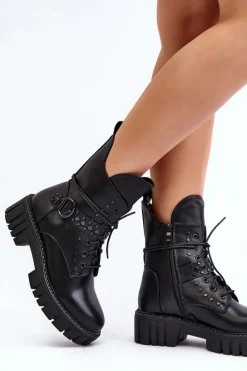 Discount Zdobione Botki Workery Damskie Czarne Vestara Damskie Botki Sznurowane|Czarne Botki