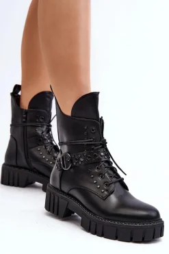 Discount Zdobione Botki Workery Damskie Czarne Vestara Damskie Botki Sznurowane|Czarne Botki