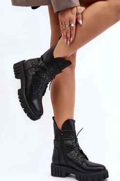 Discount Zdobione Botki Workery Damskie Czarne Vestara Damskie Botki Sznurowane|Czarne Botki