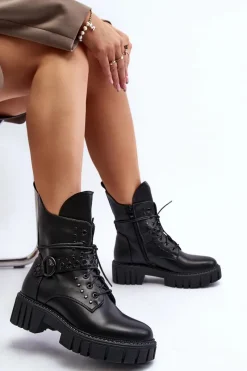 Discount Zdobione Botki Workery Damskie Czarne Vestara Damskie Botki Sznurowane|Czarne Botki