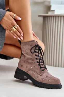 Discount Zdobione Botki Workery Damskie Ocieplane D&A MR880-017 Taupe Damskie Botki Ocieplane|Czarne Botki