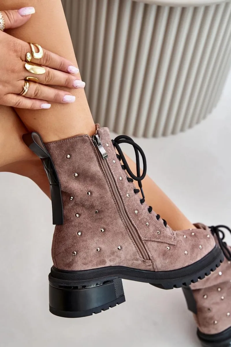 Discount Zdobione Botki Workery Damskie Ocieplane D&A MR880-017 Taupe Damskie Botki Ocieplane|Czarne Botki