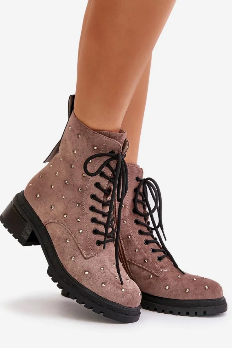 Discount Zdobione Botki Workery Damskie Ocieplane D&A MR880-017 Taupe Damskie Botki Ocieplane|Czarne Botki