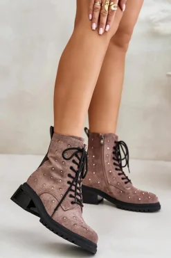 Discount Zdobione Botki Workery Damskie Ocieplane D&A MR880-017 Taupe Damskie Botki Ocieplane|Czarne Botki