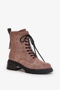 Discount Zdobione Botki Workery Damskie Ocieplane D&A MR880-017 Taupe Damskie Botki Ocieplane|Czarne Botki