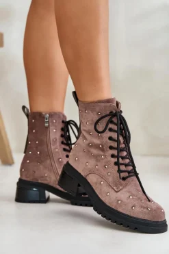 Discount Zdobione Botki Workery Damskie Ocieplane D&A MR880-017 Taupe Damskie Botki Ocieplane|Czarne Botki