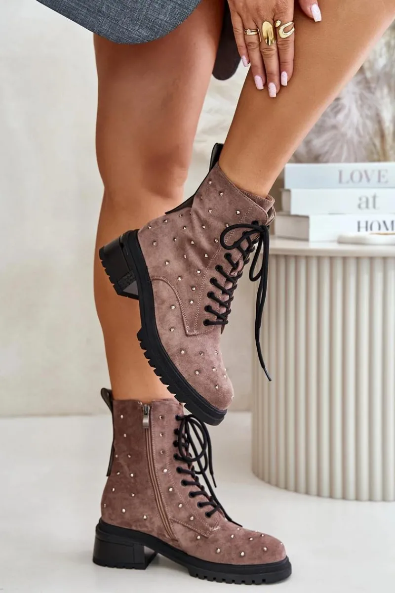 Discount Zdobione Botki Workery Damskie Ocieplane D&A MR880-017 Taupe Damskie Botki Ocieplane|Czarne Botki