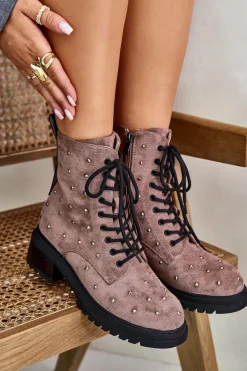 Discount Zdobione Botki Workery Damskie Ocieplane D&A MR880-017 Taupe Damskie Botki Ocieplane|Czarne Botki