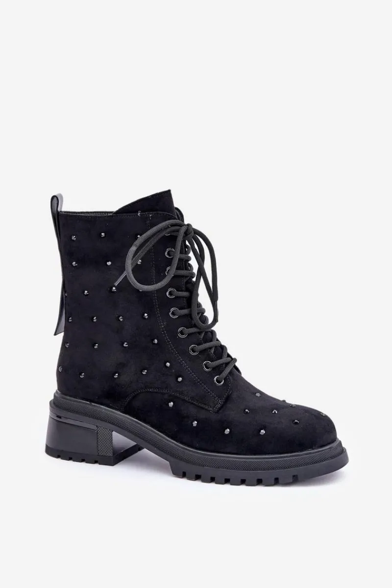 Sale Damskie buty S.Barski Zdobione Botki Workery Damskie Ocieplane D&A MR880-017 Czarne Czarny