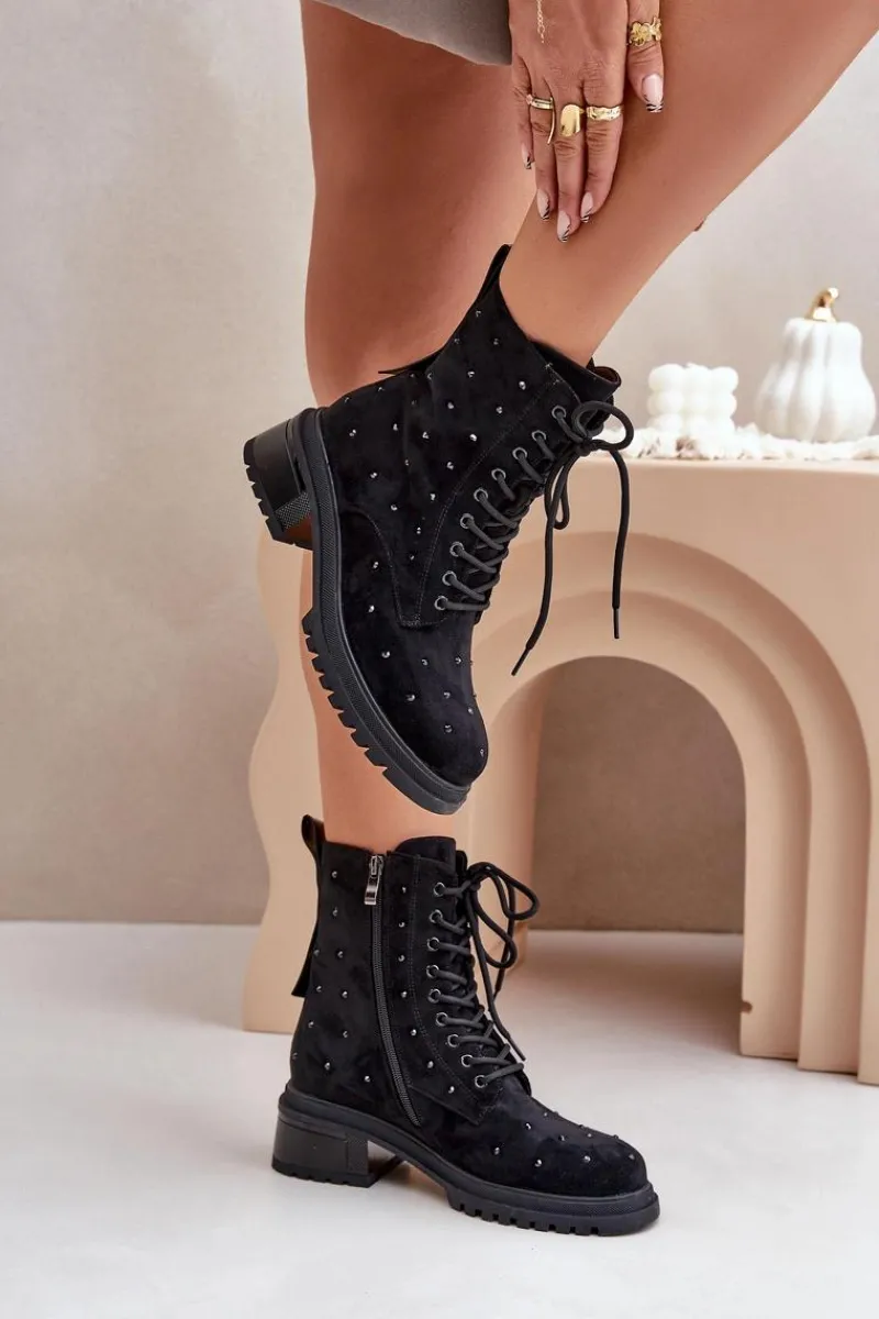 Sale Damskie buty S.Barski Zdobione Botki Workery Damskie Ocieplane D&A MR880-017 Czarne Czarny