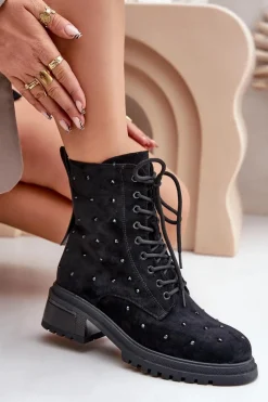 Sale Damskie buty S.Barski Zdobione Botki Workery Damskie Ocieplane D&A MR880-017 Czarne Czarny