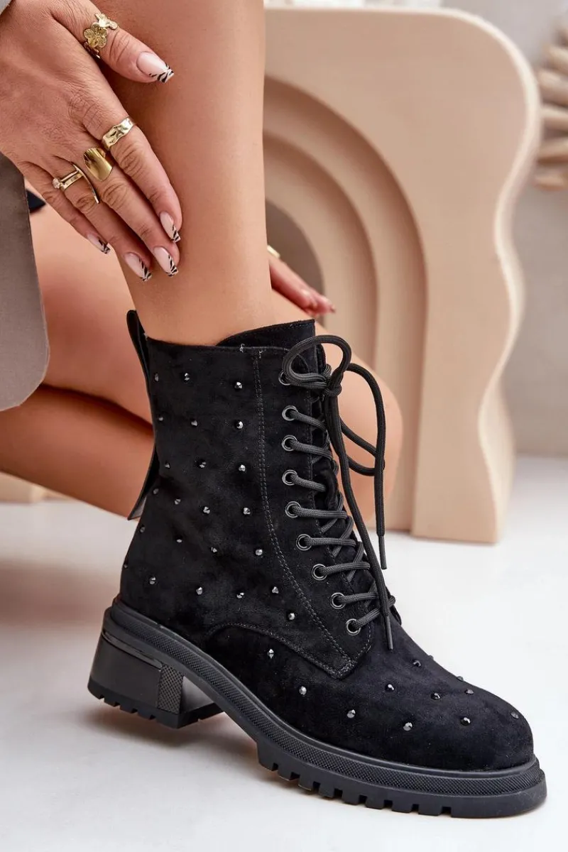 Sale Damskie buty S.Barski Zdobione Botki Workery Damskie Ocieplane D&A MR880-017 Czarne Czarny