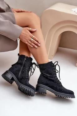 Sale Damskie buty S.Barski Zdobione Botki Workery Damskie Ocieplane D&A MR880-017 Czarne Czarny