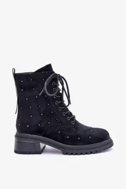 Sale Damskie buty S.Barski Zdobione Botki Workery Damskie Ocieplane D&A MR880-017 Czarne Czarny