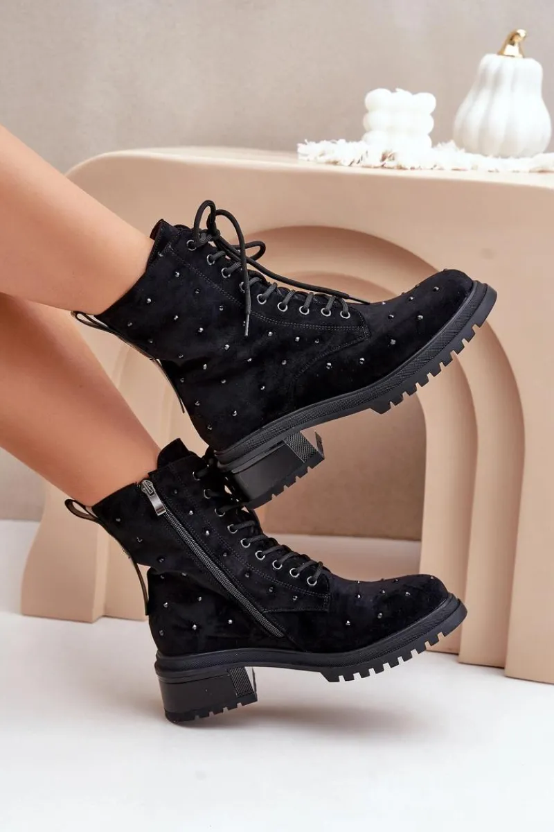 Sale Damskie buty S.Barski Zdobione Botki Workery Damskie Ocieplane D&A MR880-017 Czarne Czarny