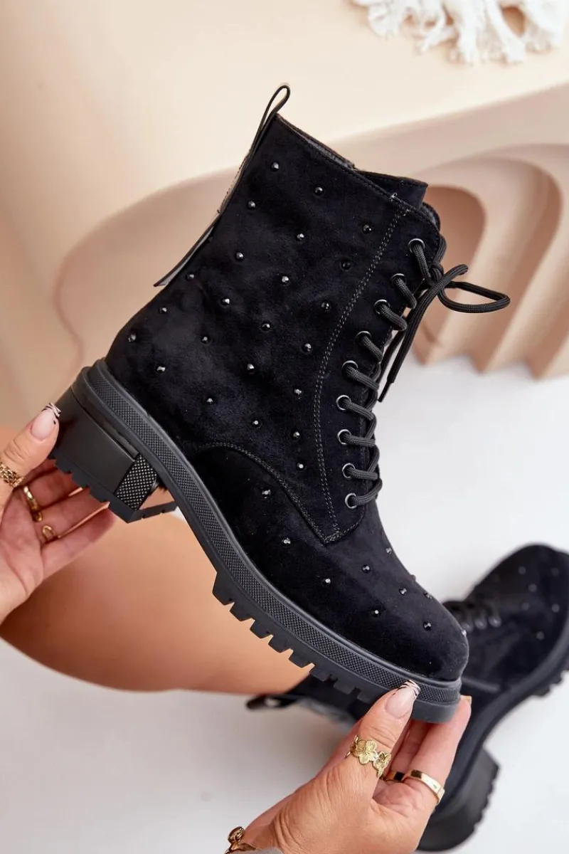 Sale Damskie buty S.Barski Zdobione Botki Workery Damskie Ocieplane D&A MR880-017 Czarne Czarny