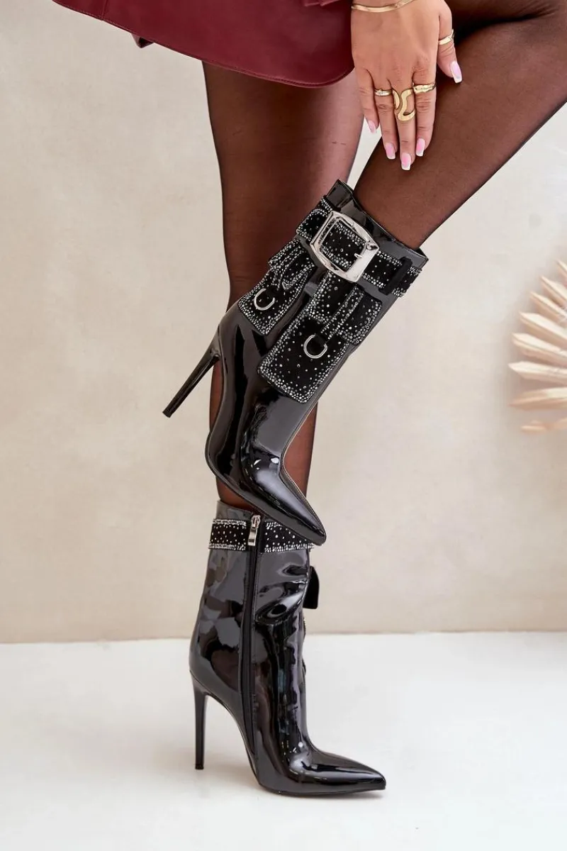 Outlet Boto Zdobione Botki Z Lakierowanej Eko Skóry Na Szpilce Czarne Senorith