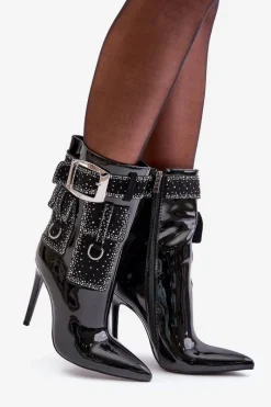 Outlet Boto Zdobione Botki Z Lakierowanej Eko Skóry Na Szpilce Czarne Senorith